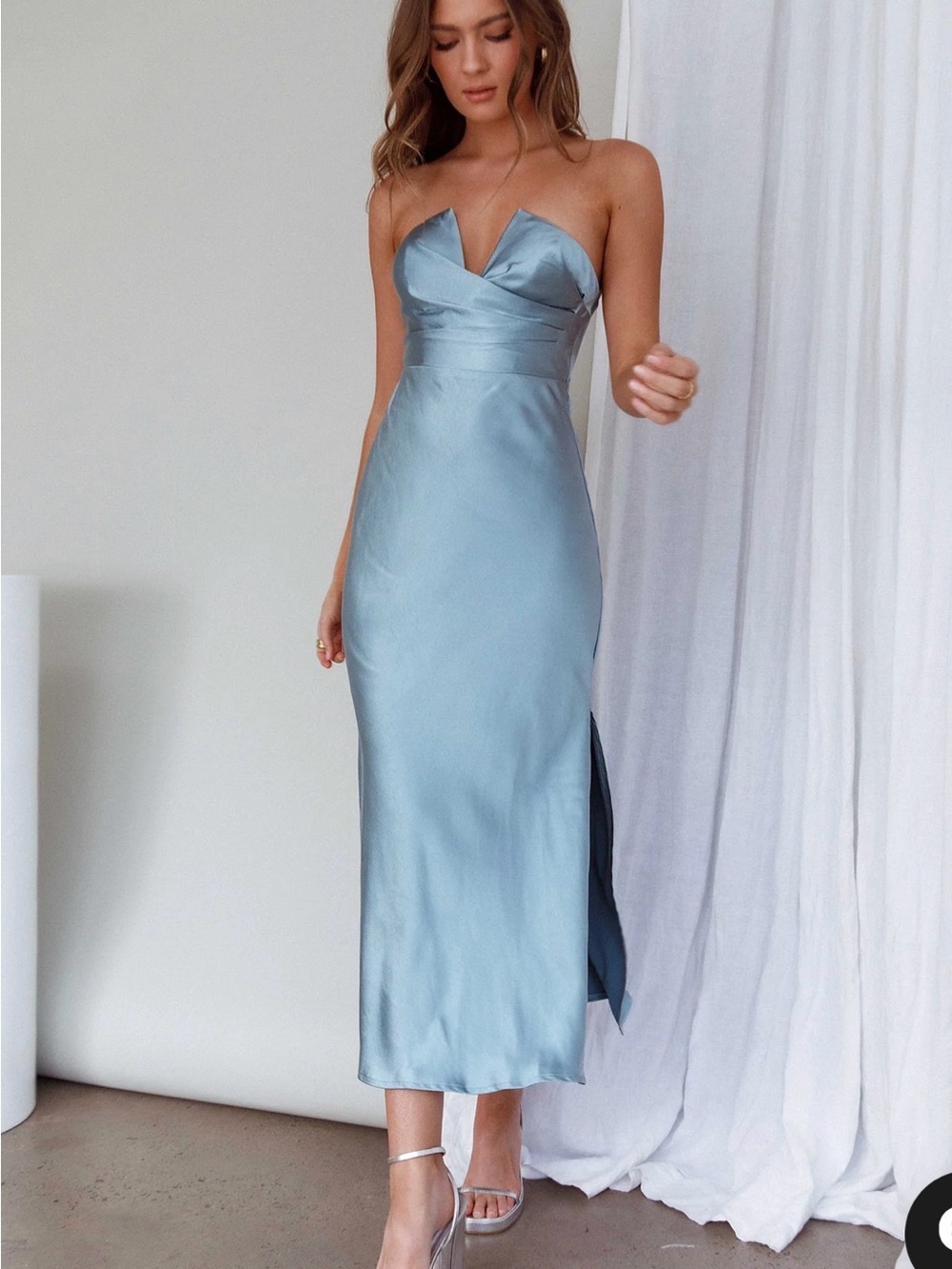 Showpo Strapless Satin Midi Skirt - Steel Blue - Saints & Secrets Ma Jolie Dress